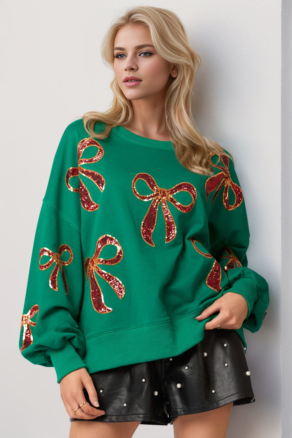 Double Take Christmas Bow Sequin Round Neck Dropped Shoulder Sweatshirt