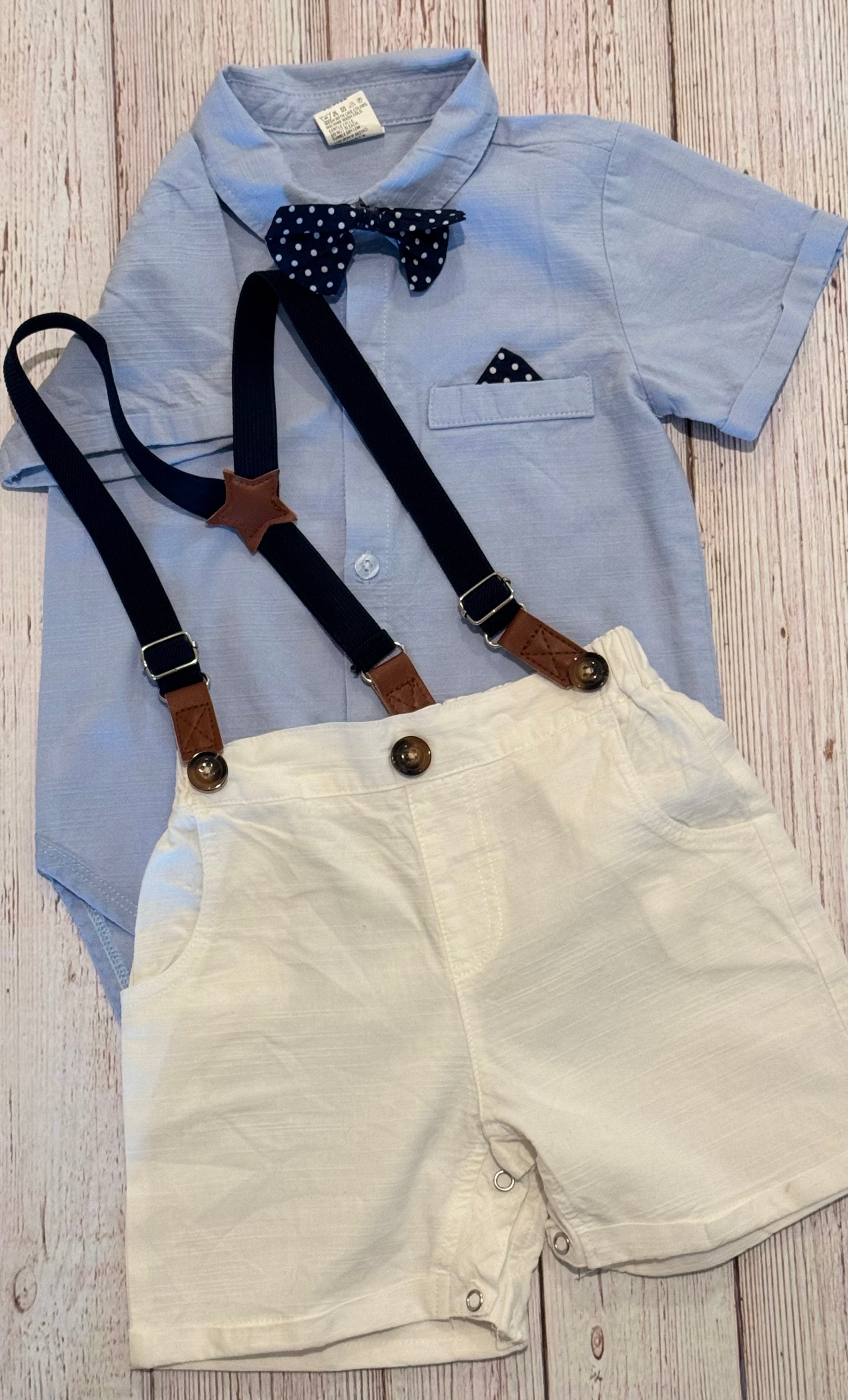 12mo-18mo Toddler Boy short set with suspenders and bow tie